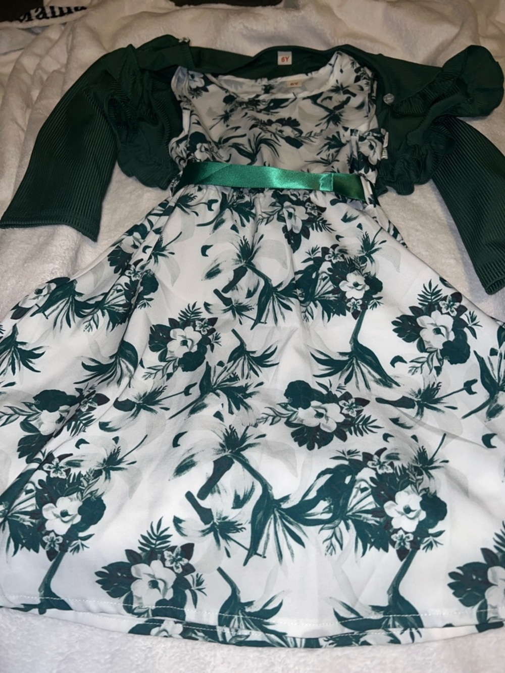 Green Floral Fit-and-Flare Dress with Satin Belt